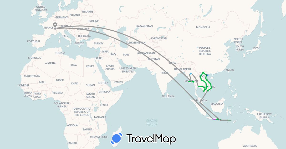 TravelMap itinerary: driving, bus, plane, train, hiking, boat, motorbike in Switzerland, Indonesia, Cambodia, Laos, Myanmar (Burma), Malaysia, Thailand, Vietnam (Asia, Europe)